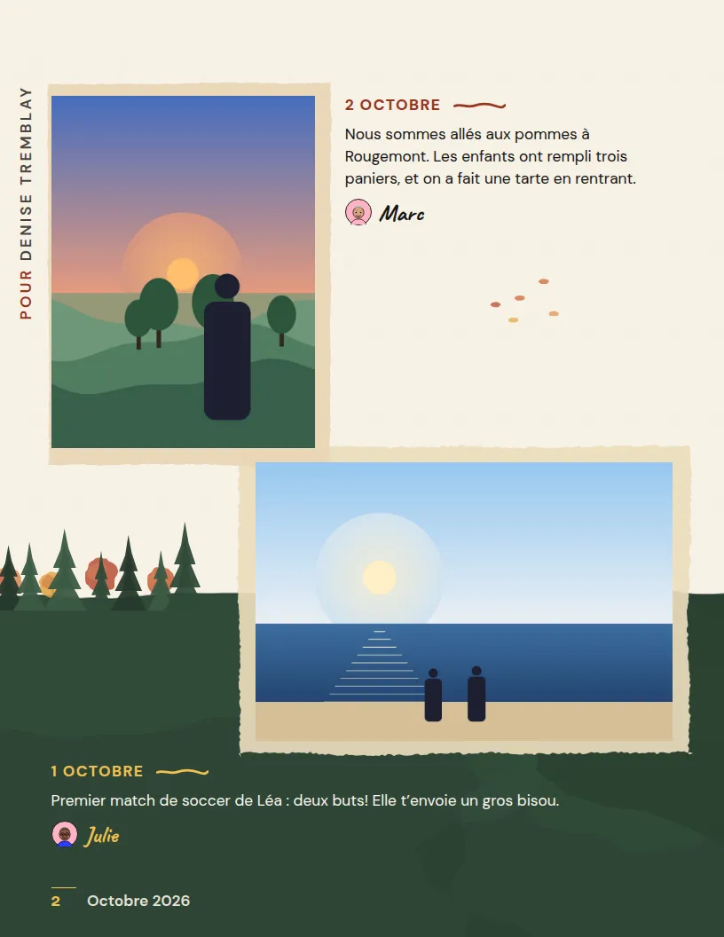 Page 2 : deux photos de promenade, avec les mots de Marc et de Julie