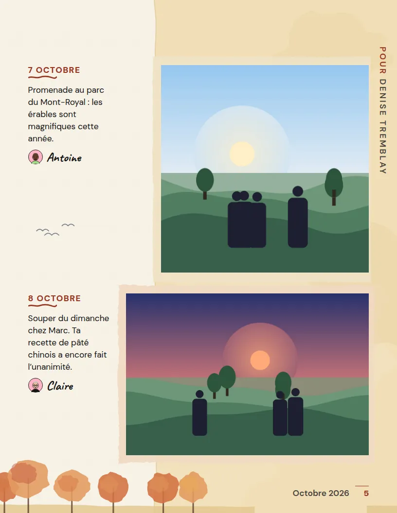 Page 5 : promenade au parc et souper du dimanche, avec les mots d’Antoine et de Claire